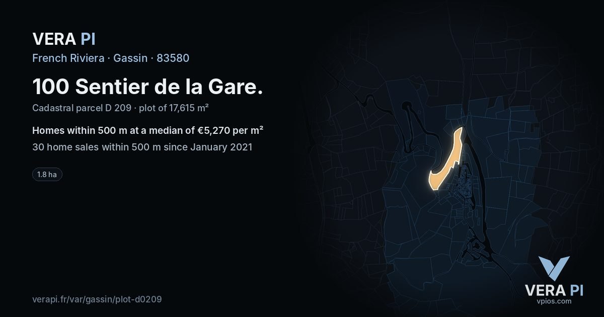 100 Sentier de la Gare, Gassin at night – the plot lit, the parcels around coloured by the prices near them