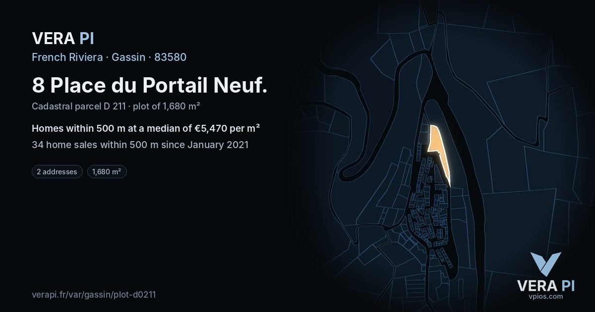 8 Place du Portail Neuf, Gassin at night – the plot lit, the parcels around coloured by the prices near them
