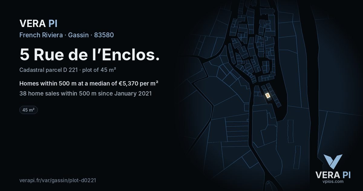 5 Rue de l’Enclos, Gassin at night – the plot lit, the parcels around coloured by the prices near them