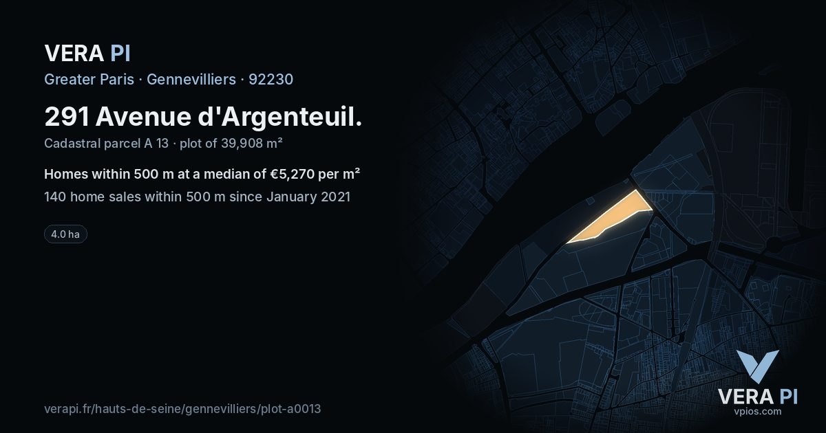 291 Avenue d'Argenteuil, Gennevilliers at night – the plot lit, the parcels around coloured by the prices near them