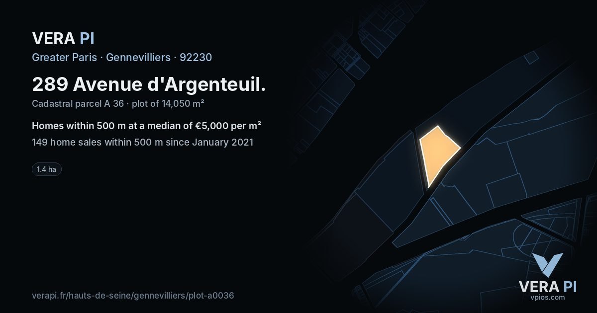 289 Avenue d'Argenteuil, Gennevilliers at night – the plot lit, the parcels around coloured by the prices near them