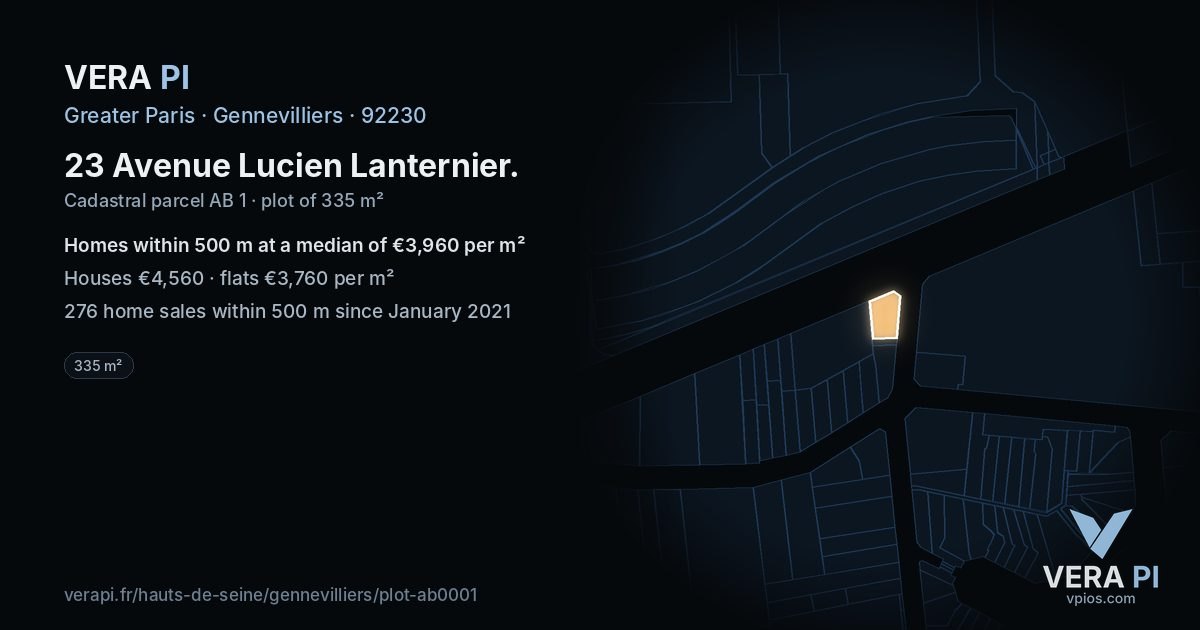 23 Avenue Lucien Lanternier, Gennevilliers at night – the plot lit, the parcels around coloured by the prices near them