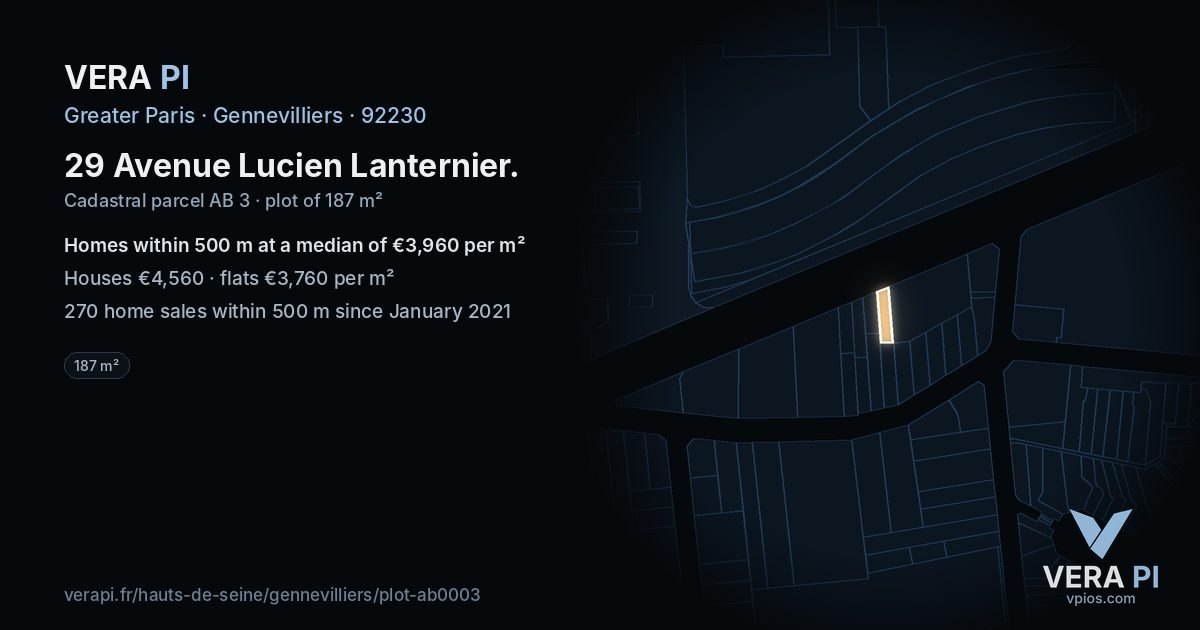 29 Avenue Lucien Lanternier, Gennevilliers at night – the plot lit, the parcels around coloured by the prices near them