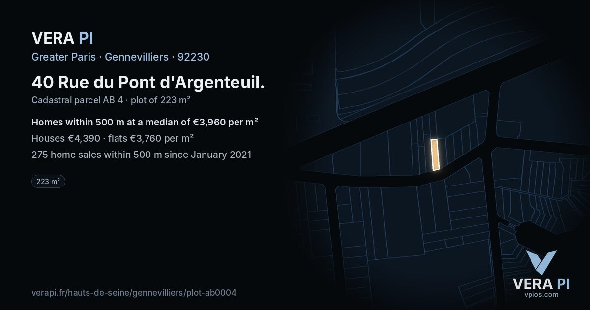 40 Rue du Pont d'Argenteuil, Gennevilliers at night – the plot lit, the parcels around coloured by the prices near them