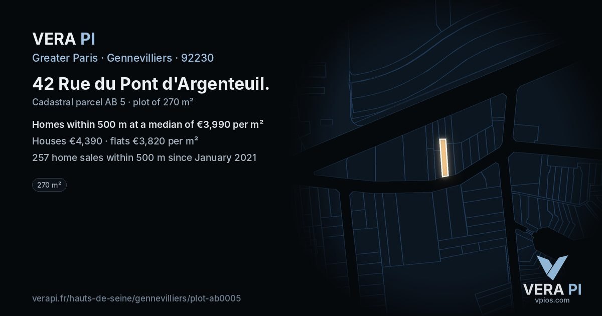 42 Rue du Pont d'Argenteuil, Gennevilliers at night – the plot lit, the parcels around coloured by the prices near them