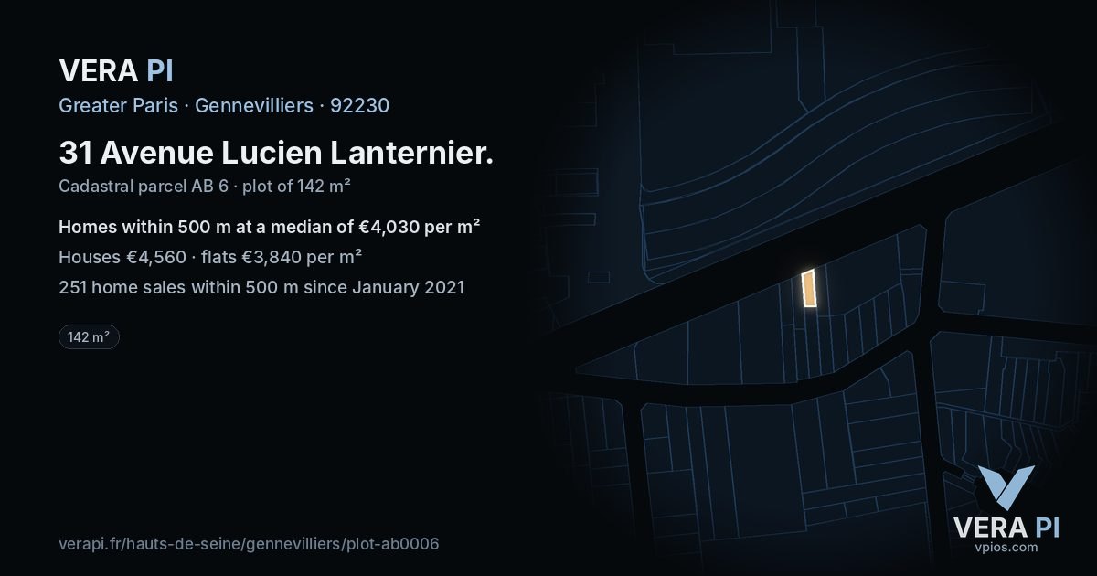 31 Avenue Lucien Lanternier, Gennevilliers at night – the plot lit, the parcels around coloured by the prices near them