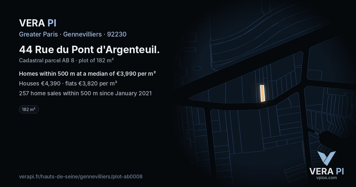 44 Rue du Pont d'Argenteuil, Gennevilliers at night – the plot lit, the parcels around coloured by the prices near them