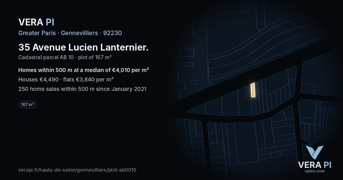 35 Avenue Lucien Lanternier, Gennevilliers at night – the plot lit, the parcels around coloured by the prices near them
