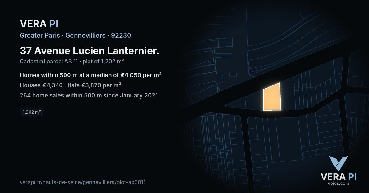 37 Avenue Lucien Lanternier, Gennevilliers at night – the plot lit, the parcels around coloured by the prices near them
