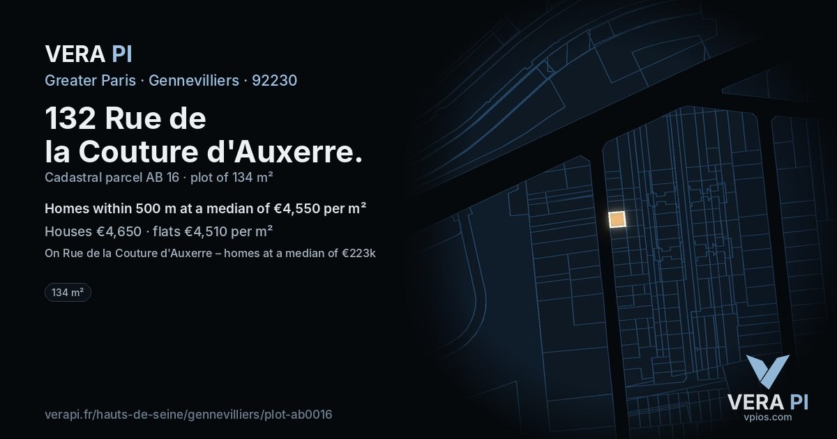 132 Rue de la Couture d'Auxerre, Gennevilliers at night – the plot lit, the parcels around coloured by the prices near them