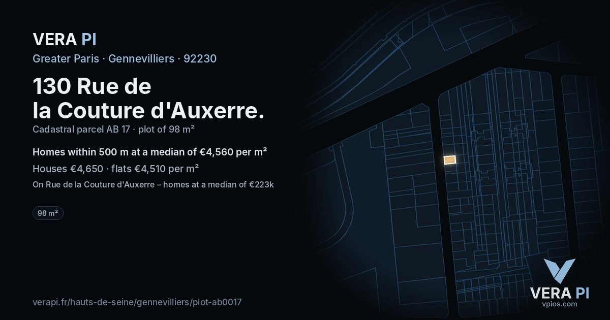 130 Rue de la Couture d'Auxerre, Gennevilliers at night – the plot lit, the parcels around coloured by the prices near them