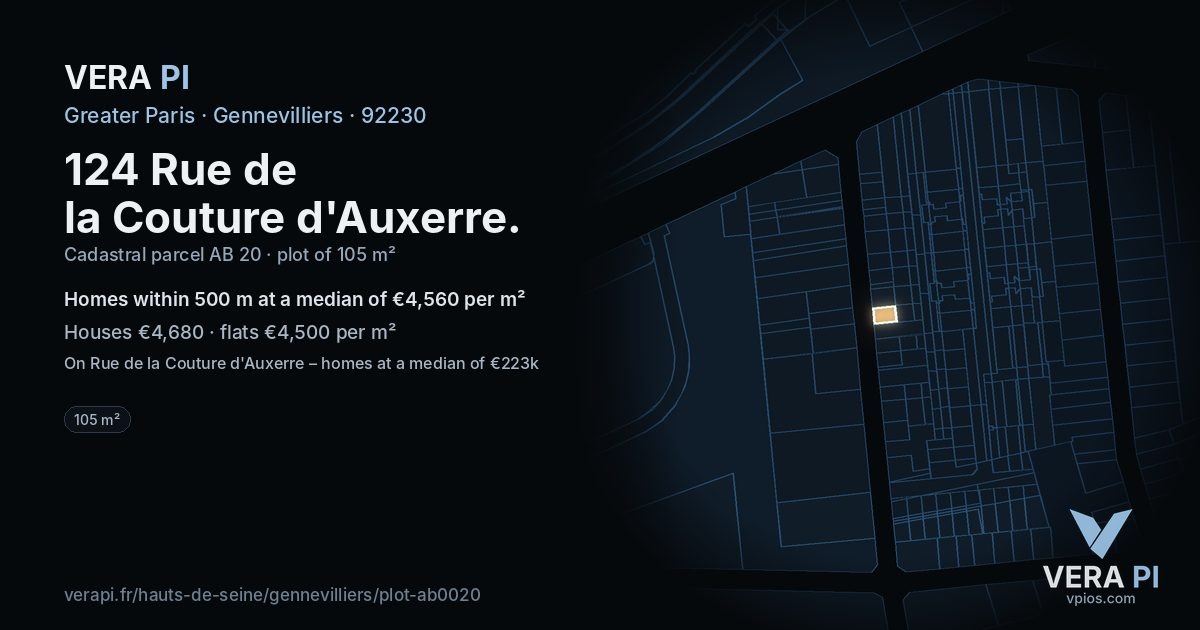 124 Rue de la Couture d'Auxerre, Gennevilliers at night – the plot lit, the parcels around coloured by the prices near them