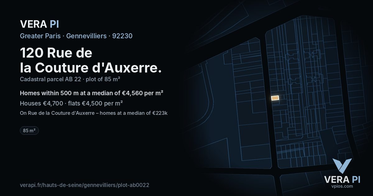 120 Rue de la Couture d'Auxerre, Gennevilliers at night – the plot lit, the parcels around coloured by the prices near them