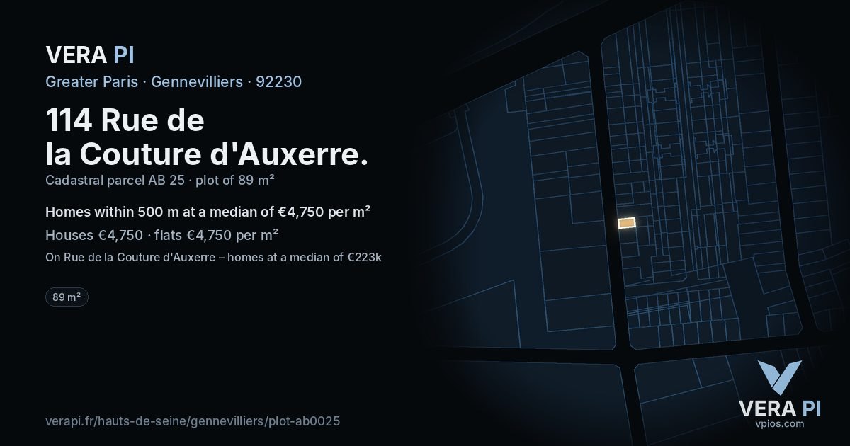 114 Rue de la Couture d'Auxerre, Gennevilliers at night – the plot lit, the parcels around coloured by the prices near them