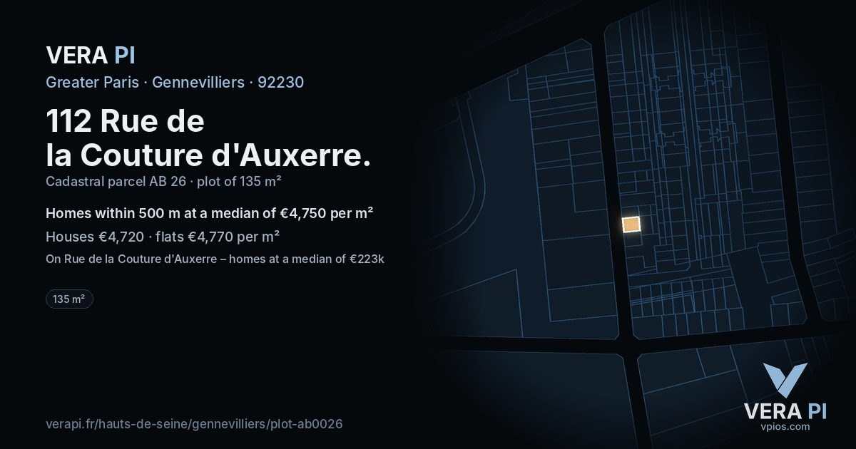 112 Rue de la Couture d'Auxerre, Gennevilliers at night – the plot lit, the parcels around coloured by the prices near them