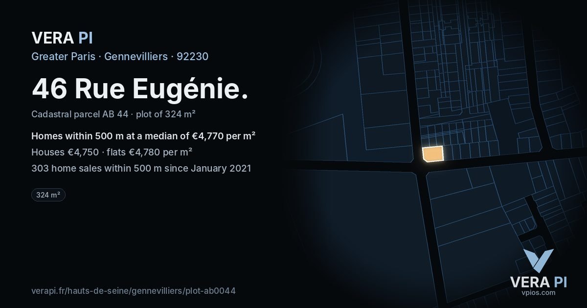 46 Rue Eugénie, Gennevilliers at night – the plot lit, the parcels around coloured by the prices near them