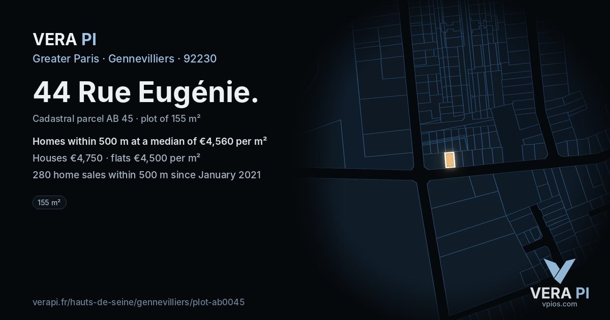 44 Rue Eugénie, Gennevilliers at night – the plot lit, the parcels around coloured by the prices near them