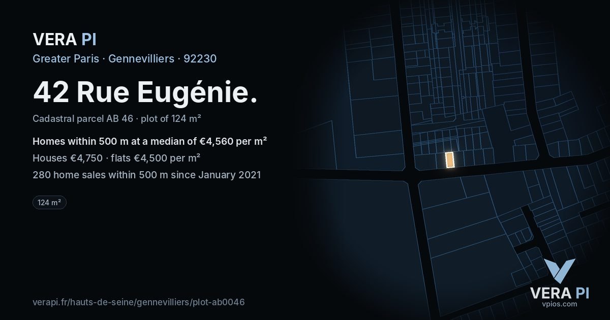 42 Rue Eugénie, Gennevilliers at night – the plot lit, the parcels around coloured by the prices near them