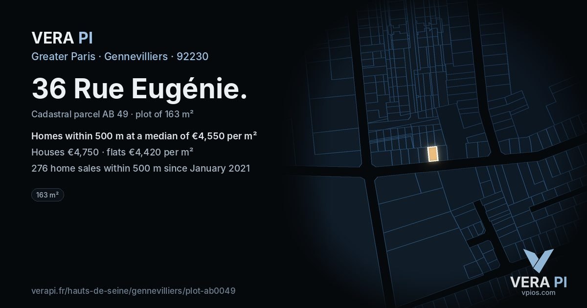 36 Rue Eugénie, Gennevilliers at night – the plot lit, the parcels around coloured by the prices near them
