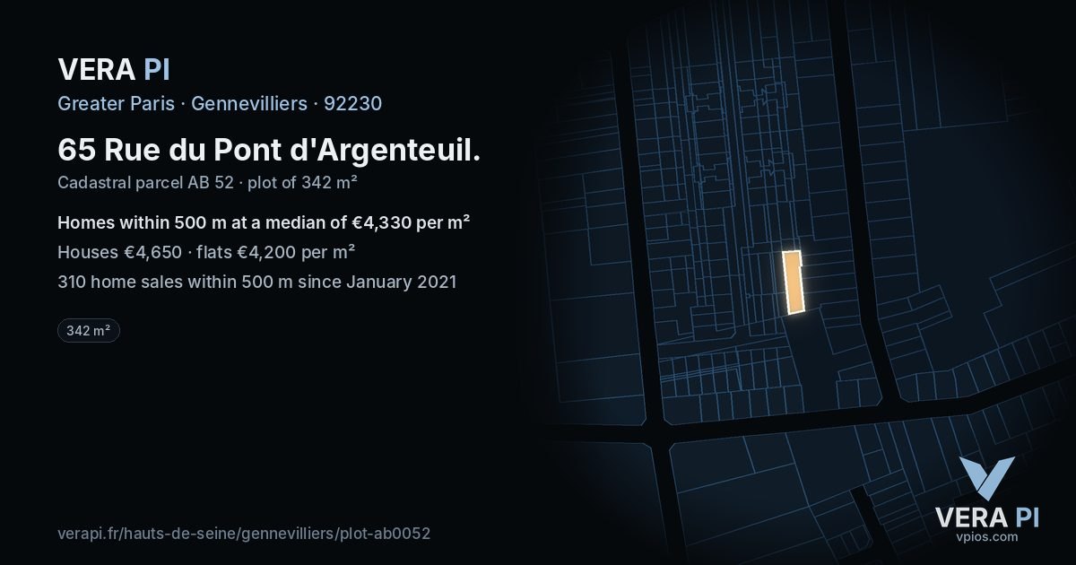 65 Rue du Pont d'Argenteuil, Gennevilliers at night – the plot lit, the parcels around coloured by the prices near them