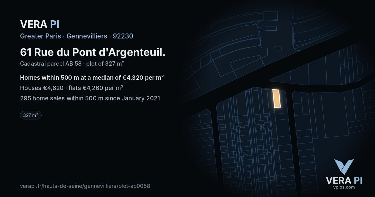 61 Rue du Pont d'Argenteuil, Gennevilliers at night – the plot lit, the parcels around coloured by the prices near them