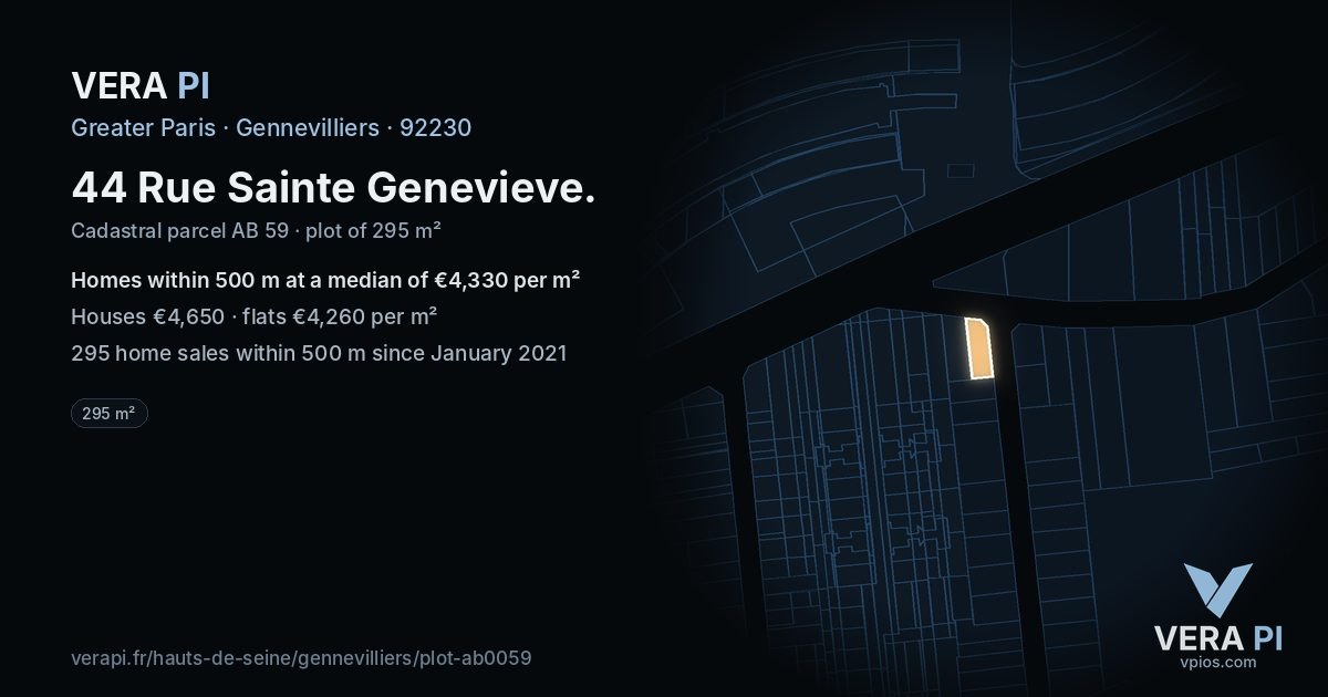 44 Rue Sainte Genevieve, Gennevilliers at night – the plot lit, the parcels around coloured by the prices near them