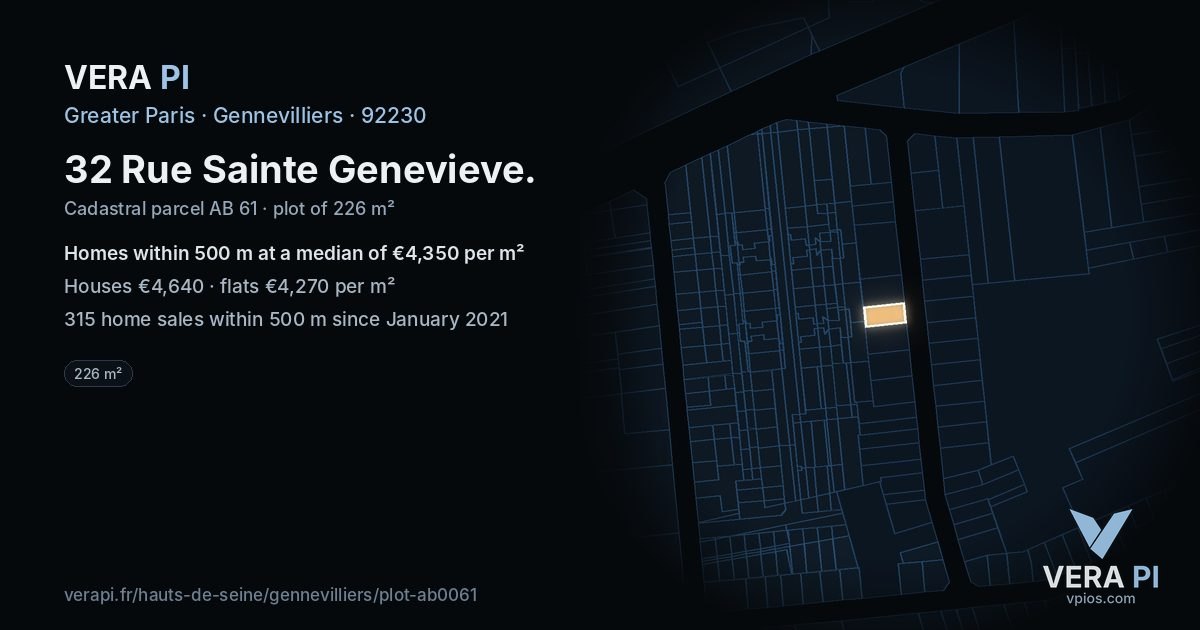 32 Rue Sainte Genevieve, Gennevilliers at night – the plot lit, the parcels around coloured by the prices near them