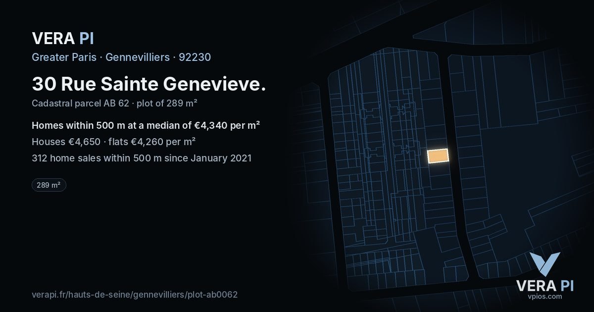 30 Rue Sainte Genevieve, Gennevilliers at night – the plot lit, the parcels around coloured by the prices near them
