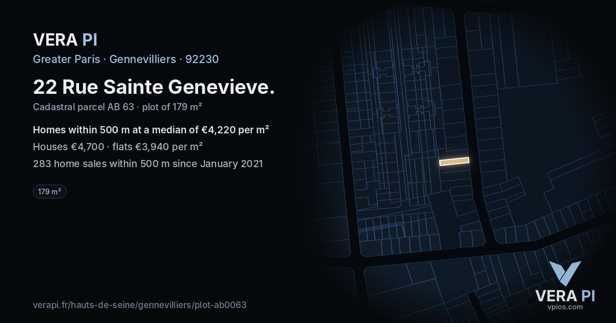 22 Rue Sainte Genevieve, Gennevilliers at night – the plot lit, the parcels around coloured by the prices near them