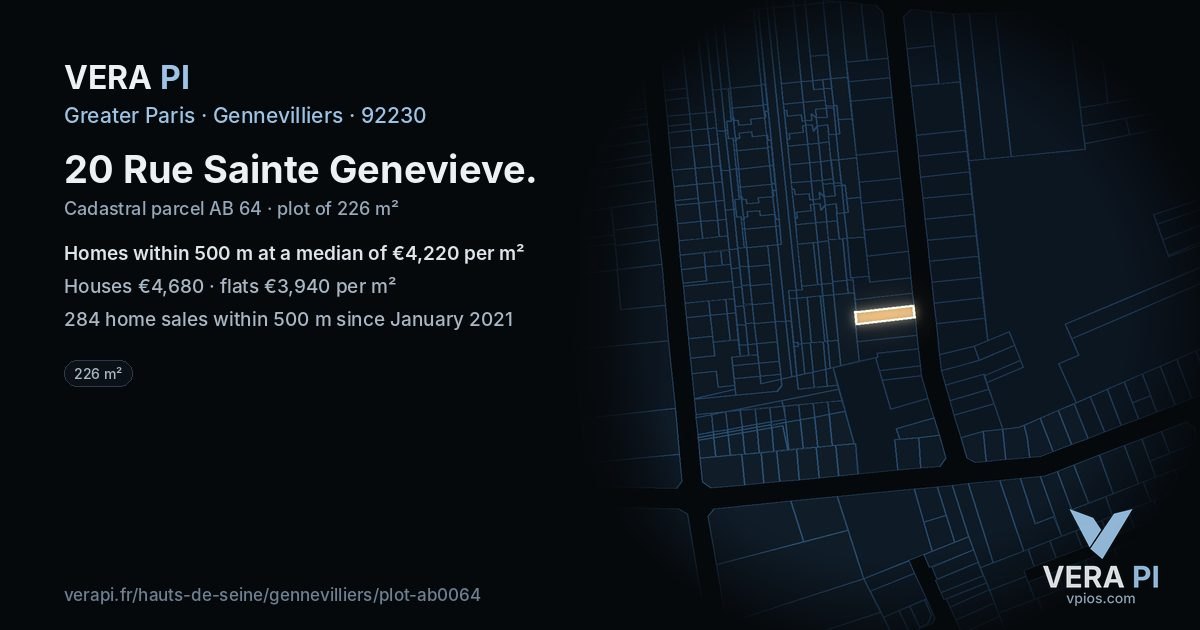 20 Rue Sainte Genevieve, Gennevilliers at night – the plot lit, the parcels around coloured by the prices near them