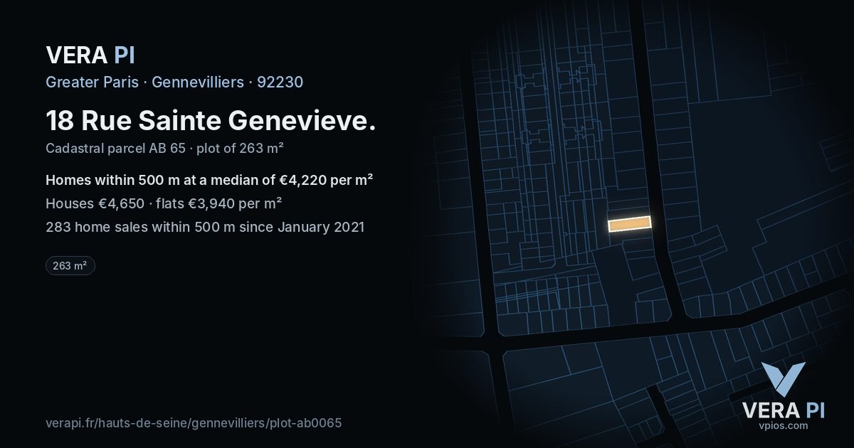 18 Rue Sainte Genevieve, Gennevilliers at night – the plot lit, the parcels around coloured by the prices near them