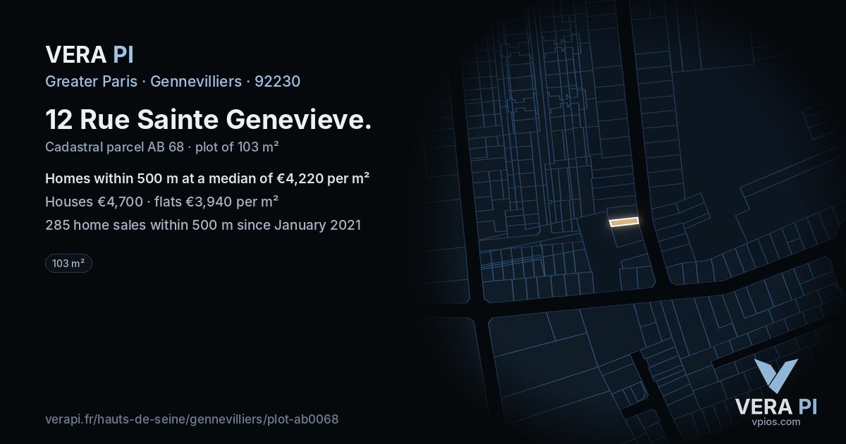 12 Rue Sainte Genevieve, Gennevilliers at night – the plot lit, the parcels around coloured by the prices near them