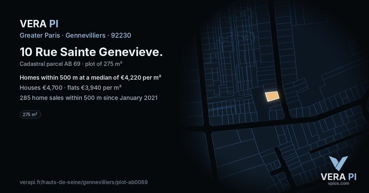 10 Rue Sainte Genevieve, Gennevilliers at night – the plot lit, the parcels around coloured by the prices near them