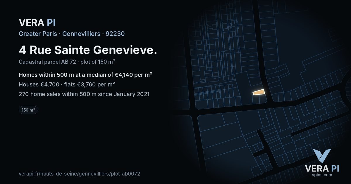 4 Rue Sainte Genevieve, Gennevilliers at night – the plot lit, the parcels around coloured by the prices near them