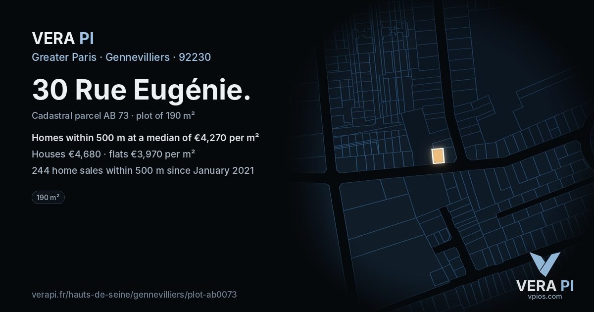 30 Rue Eugénie, Gennevilliers at night – the plot lit, the parcels around coloured by the prices near them