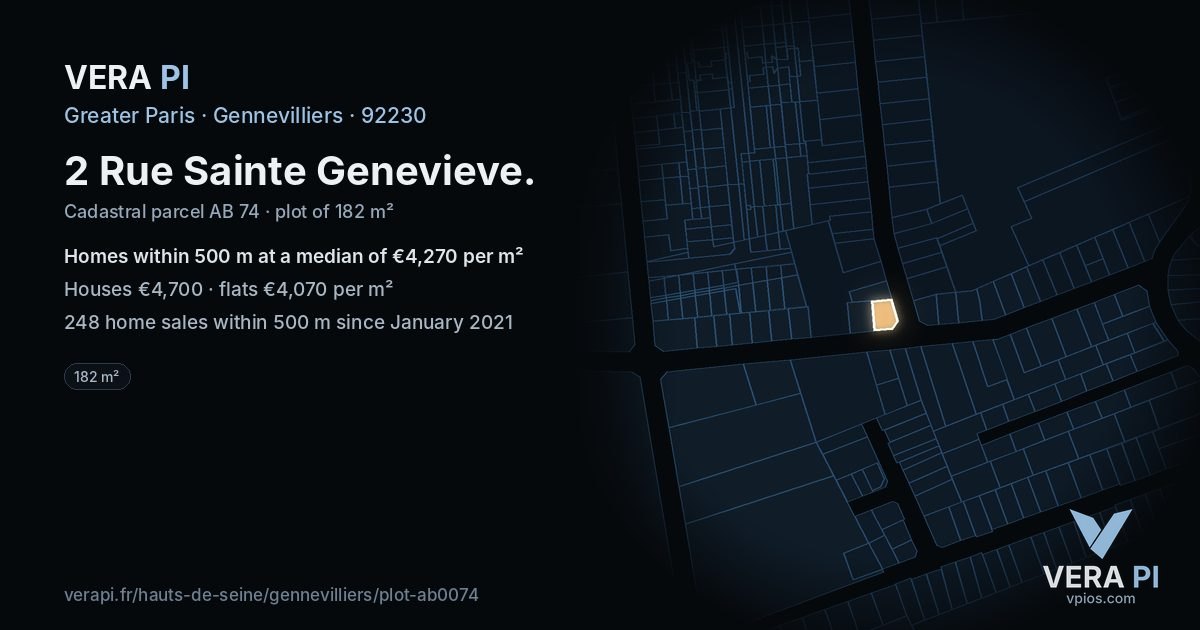 2 Rue Sainte Genevieve, Gennevilliers at night – the plot lit, the parcels around coloured by the prices near them