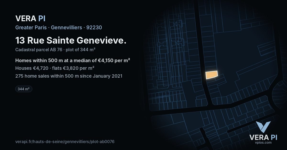 13 Rue Sainte Genevieve, Gennevilliers at night – the plot lit, the parcels around coloured by the prices near them