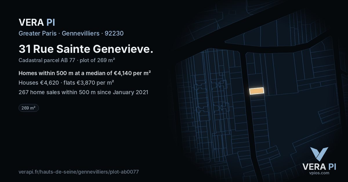 31 Rue Sainte Genevieve, Gennevilliers at night – the plot lit, the parcels around coloured by the prices near them