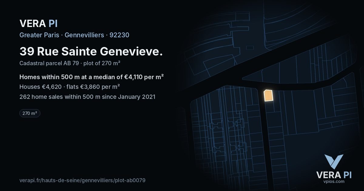 39 Rue Sainte Genevieve, Gennevilliers at night – the plot lit, the parcels around coloured by the prices near them