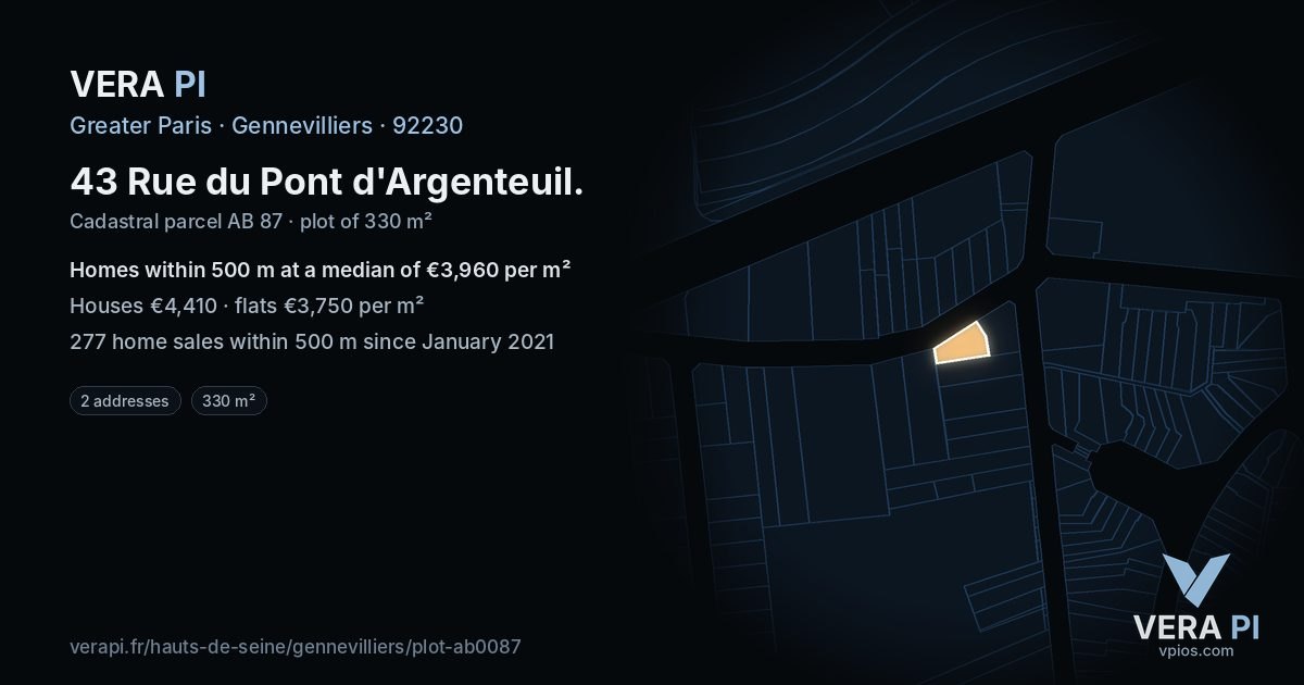 43 Rue du Pont d'Argenteuil, Gennevilliers at night – the plot lit, the parcels around coloured by the prices near them