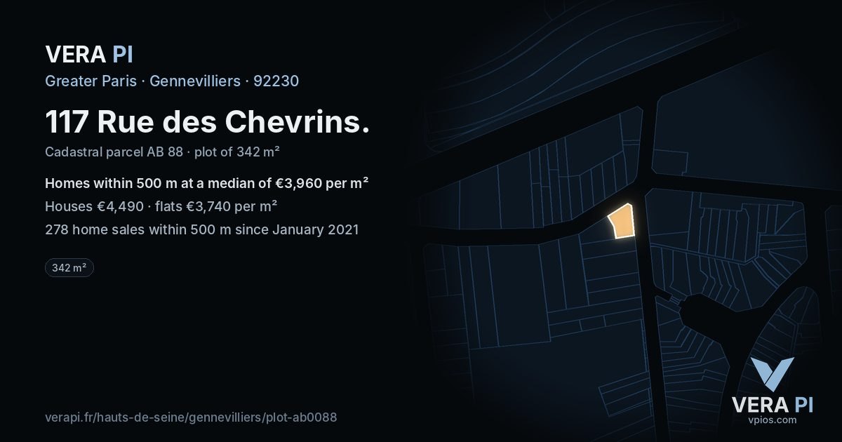 117 Rue des Chevrins, Gennevilliers at night – the plot lit, the parcels around coloured by the prices near them