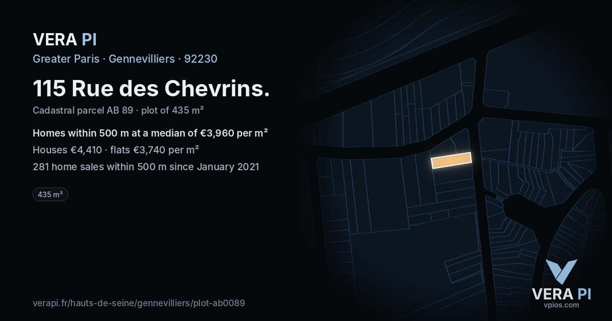 115 Rue des Chevrins, Gennevilliers at night – the plot lit, the parcels around coloured by the prices near them