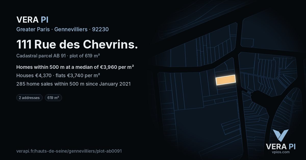 111 Rue des Chevrins, Gennevilliers at night – the plot lit, the parcels around coloured by the prices near them