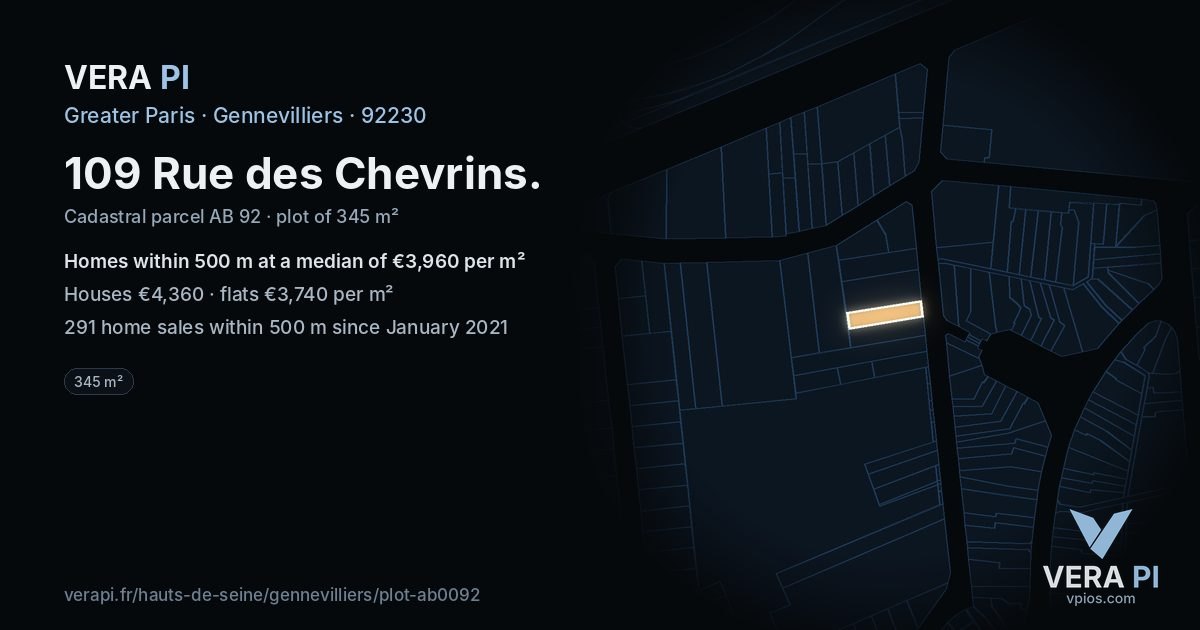 109 Rue des Chevrins, Gennevilliers at night – the plot lit, the parcels around coloured by the prices near them