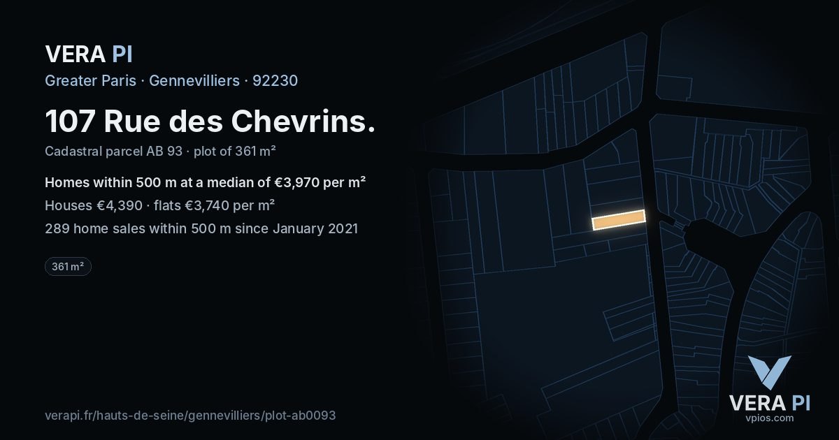 107 Rue des Chevrins, Gennevilliers at night – the plot lit, the parcels around coloured by the prices near them