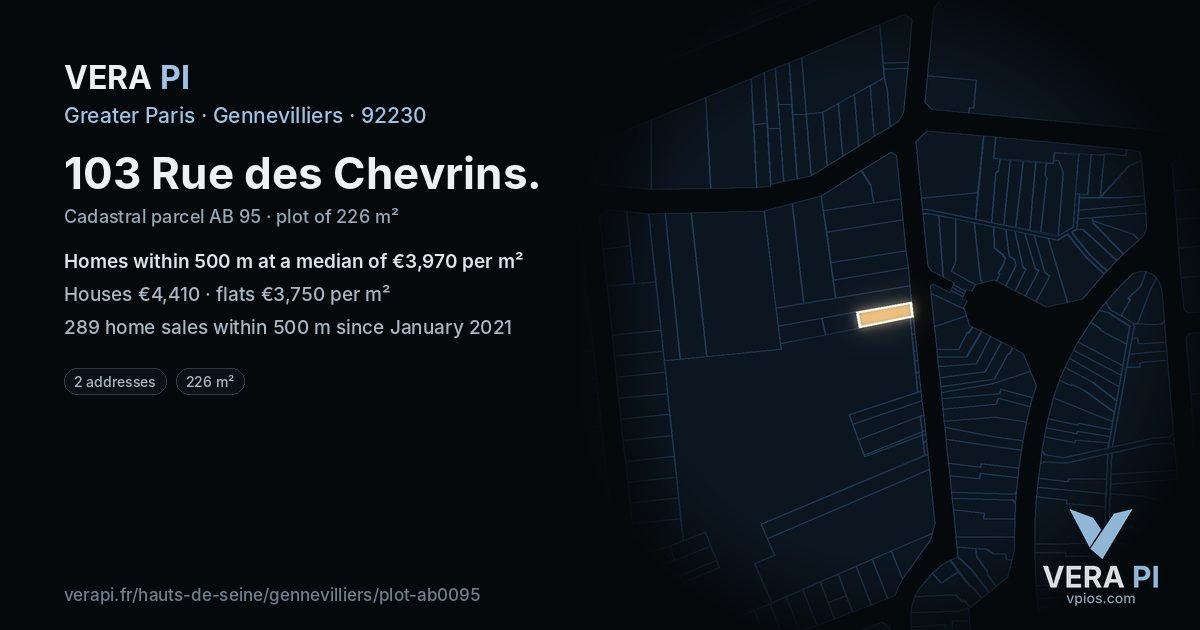 103 Rue des Chevrins, Gennevilliers at night – the plot lit, the parcels around coloured by the prices near them