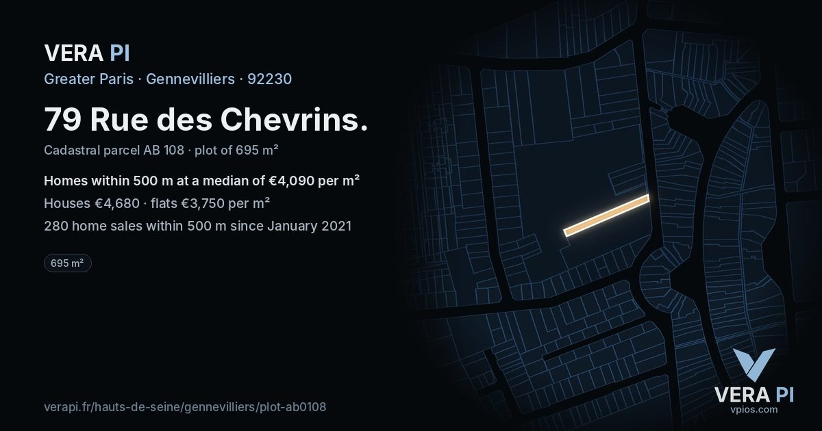 79 Rue des Chevrins, Gennevilliers at night – the plot lit, the parcels around coloured by the prices near them