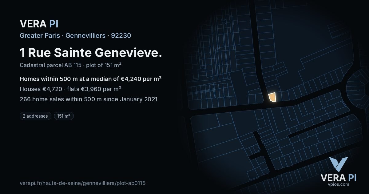 1 Rue Sainte Genevieve, Gennevilliers at night – the plot lit, the parcels around coloured by the prices near them