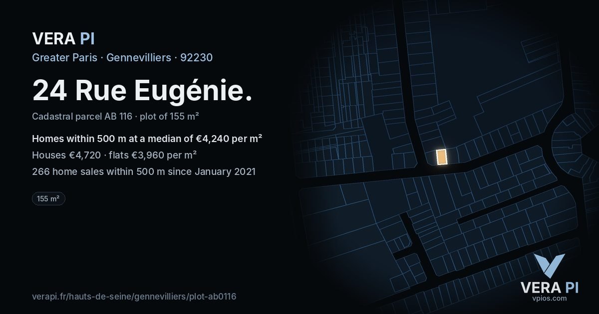 24 Rue Eugénie, Gennevilliers at night – the plot lit, the parcels around coloured by the prices near them