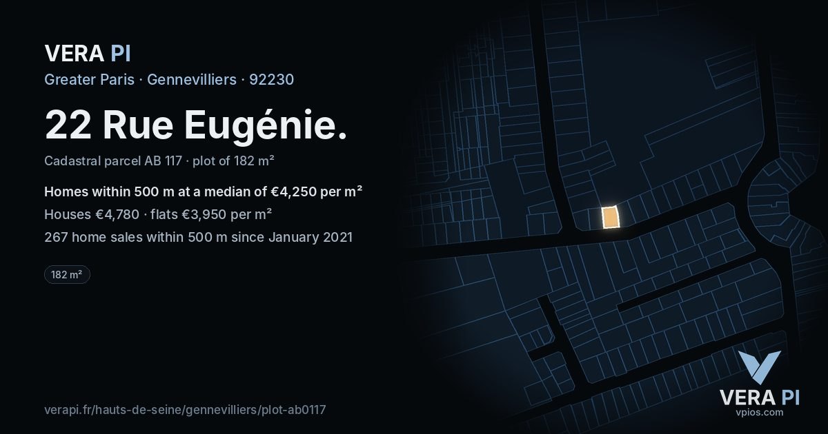 22 Rue Eugénie, Gennevilliers at night – the plot lit, the parcels around coloured by the prices near them